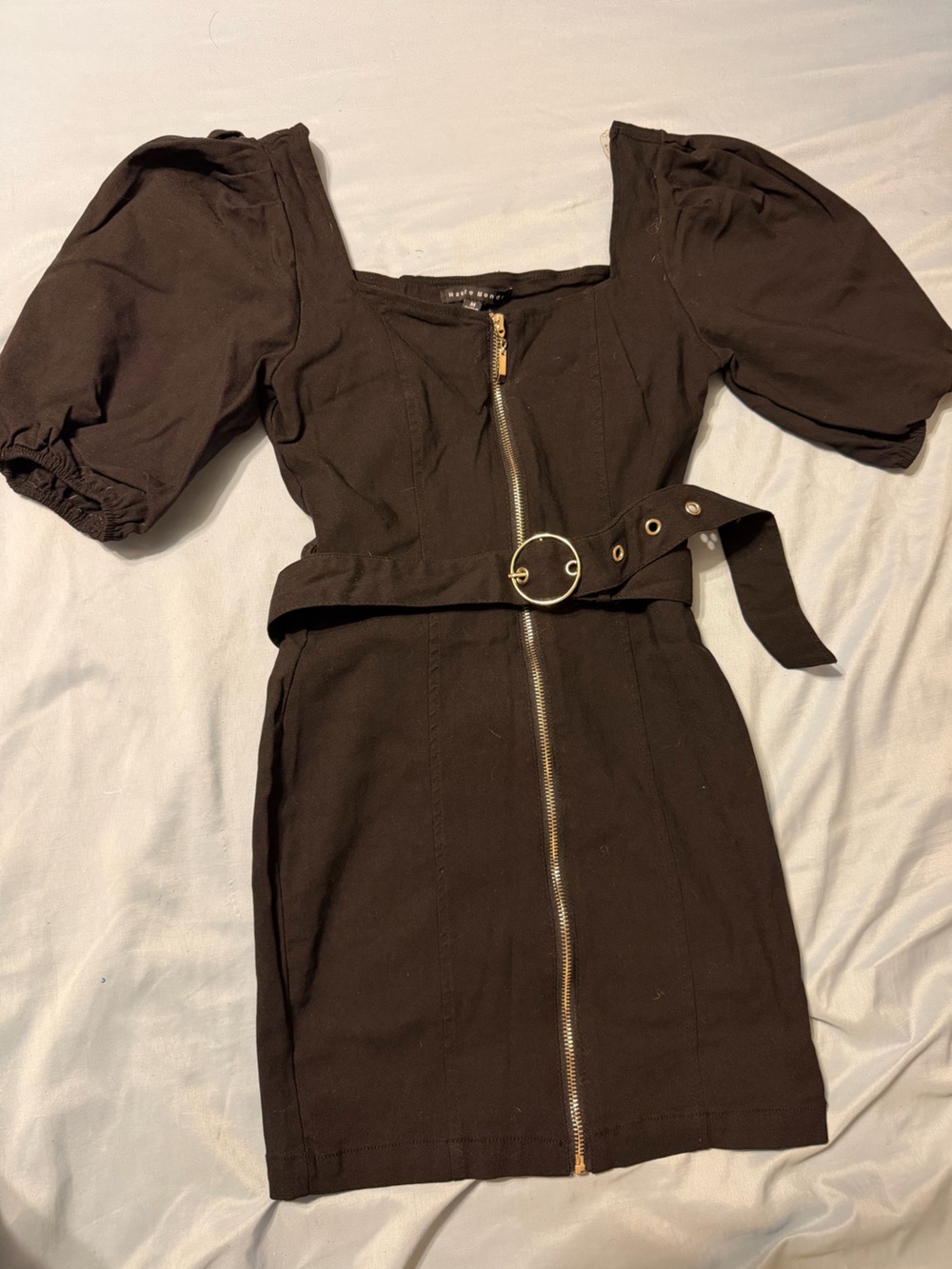Womens Black Zip-Front Belted Dress
